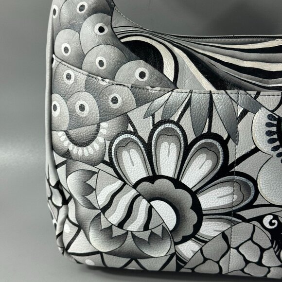 Anna by Anuschka Black/White Floral Leather Hobo Shoulder Bag - Picture 2 of 15